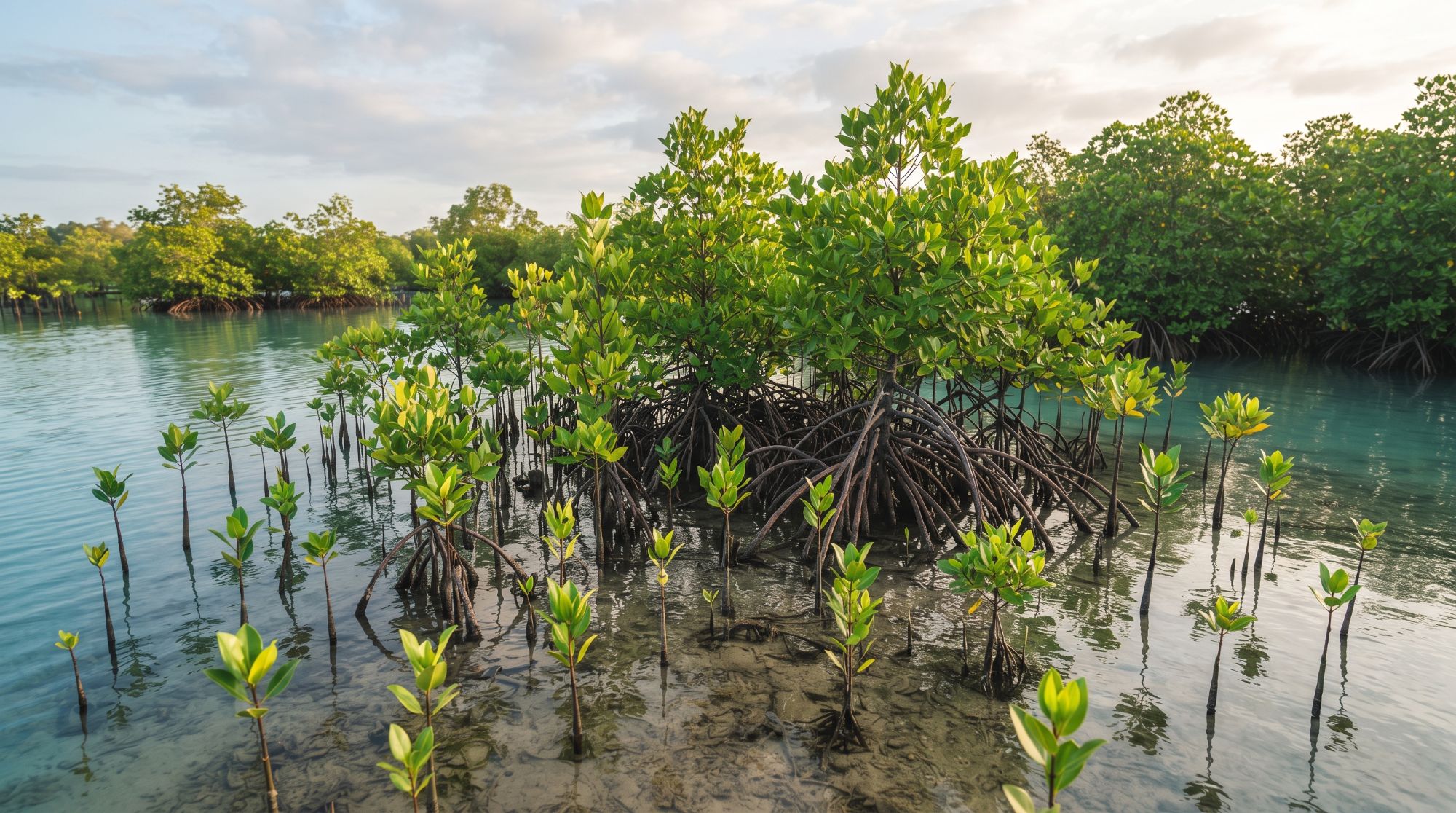 Illustration of a healthy mangrove forest in calm tidal water