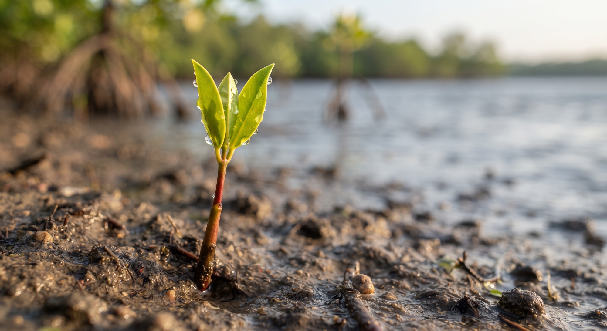 Illustration of a young mangrove seedling sprouting from tidal mud
